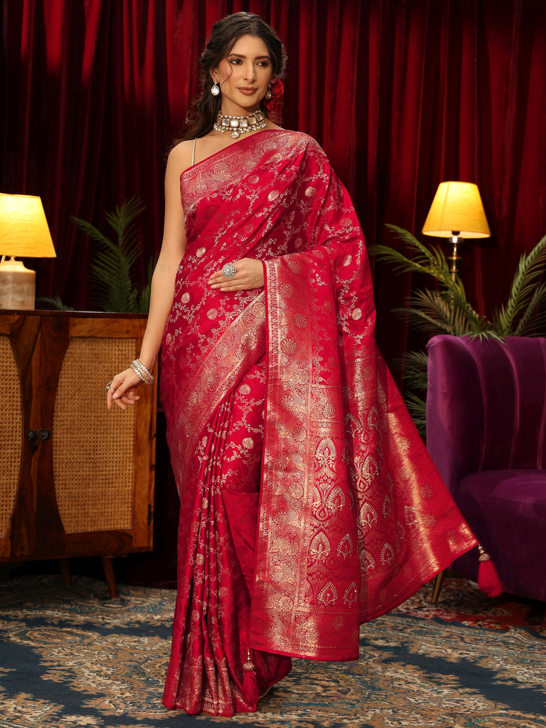  Libas Vermilion Red Banarasi Silk Blend Saree 