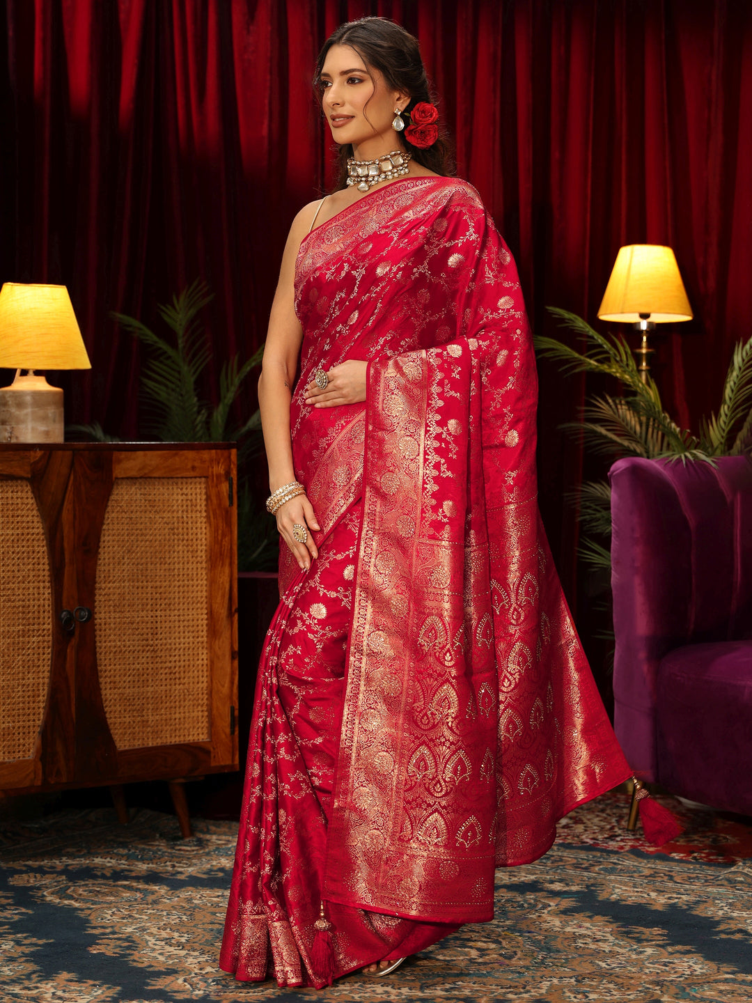  Libas Vermilion Red Banarasi Silk Blend Saree 
