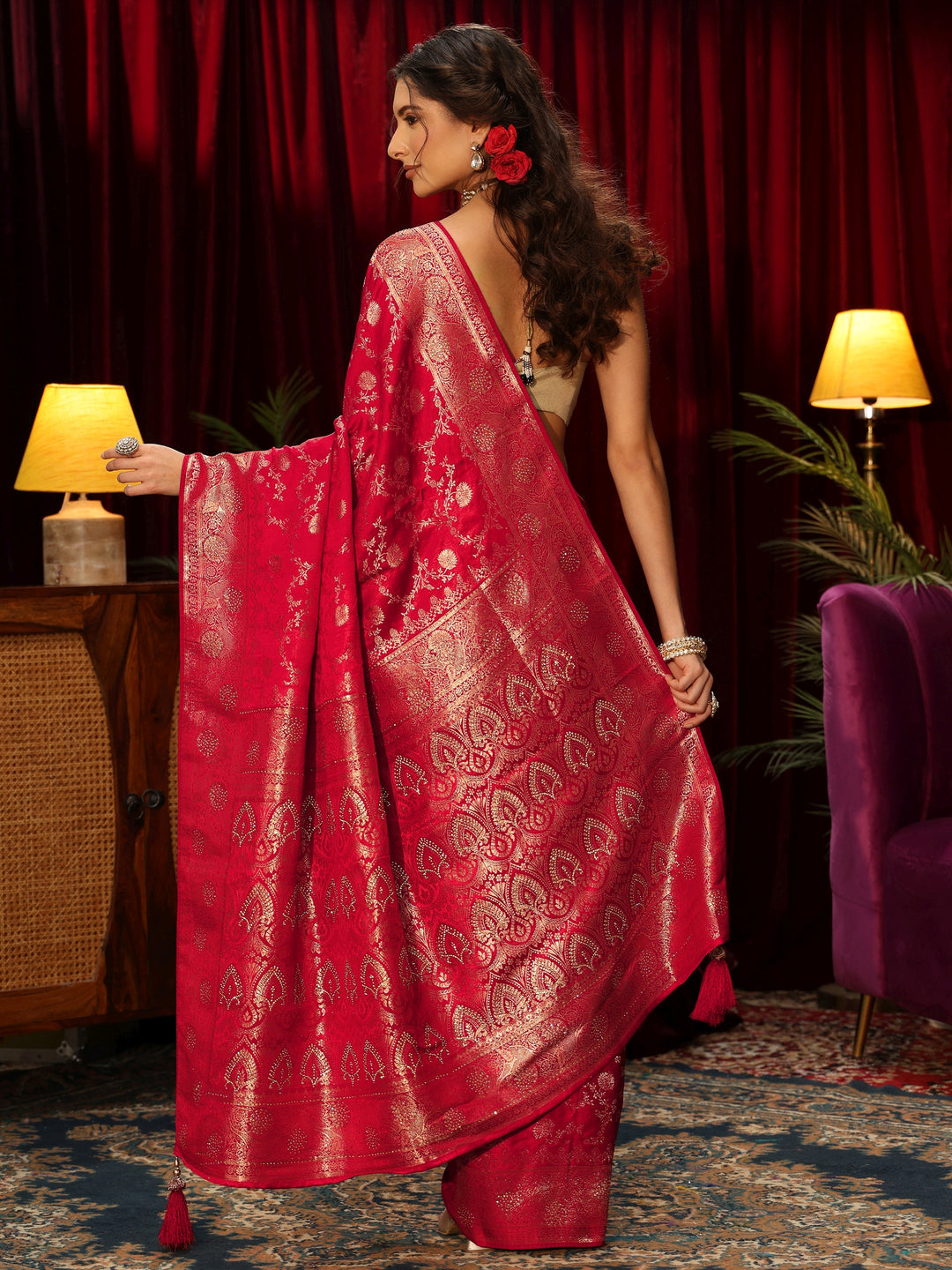  Libas Vermilion Red Banarasi Silk Blend Saree 