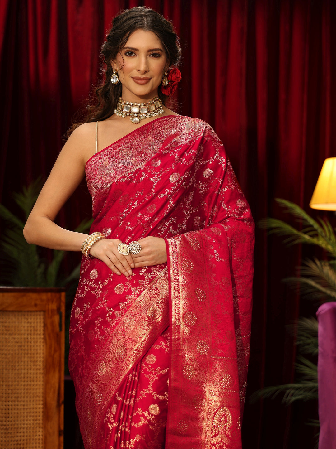  Libas Vermilion Red Banarasi Silk Blend Saree 