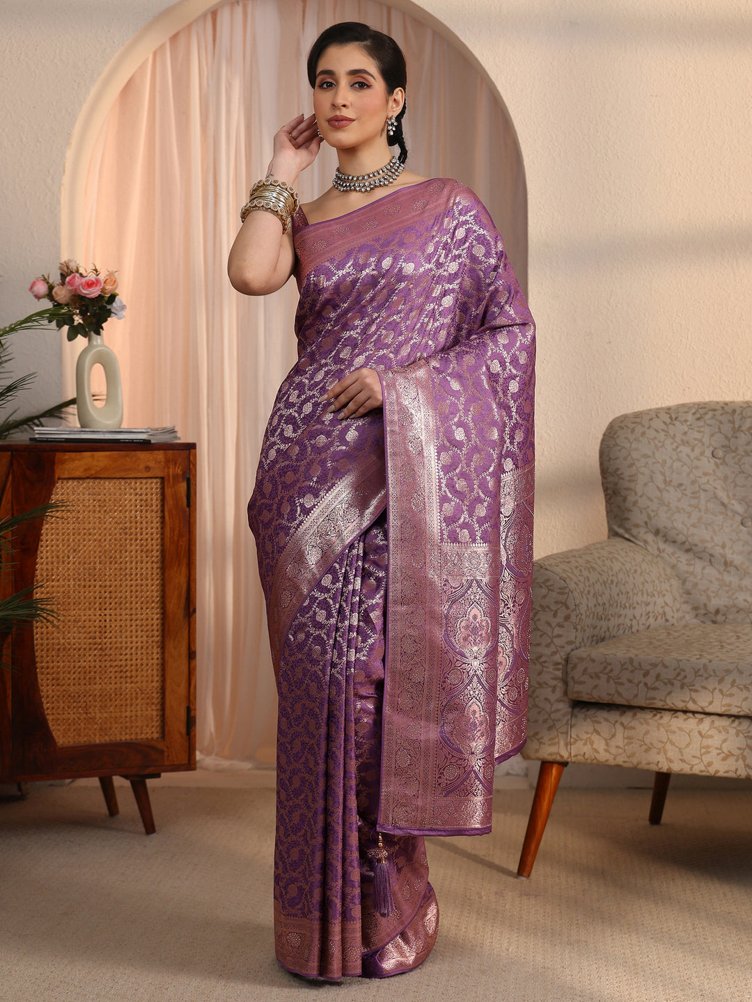  Libas Lavender Floral Woven Design Silk Blend Saree 
