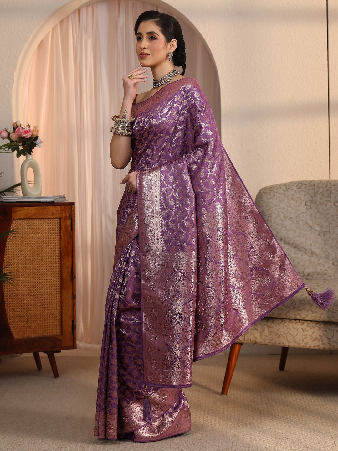  Libas Lavender Floral Woven Design Silk Blend Saree 