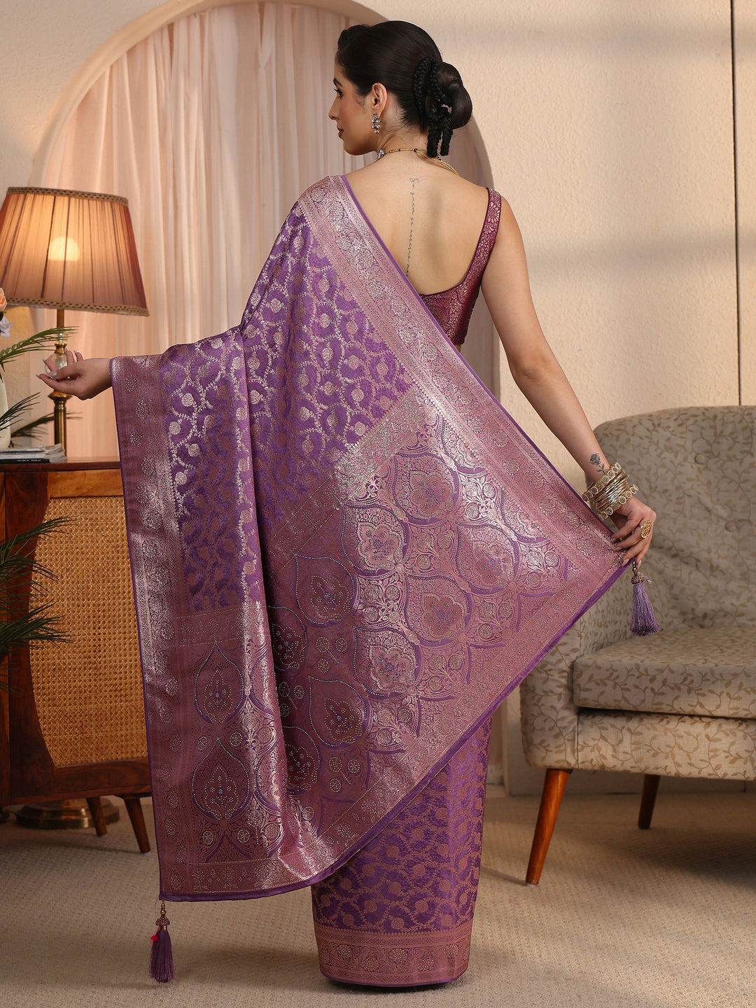  Libas Lavender Floral Woven Design Silk Blend Saree 