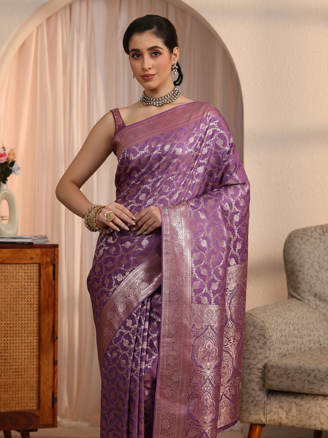  Libas Lavender Floral Woven Design Silk Blend Saree 