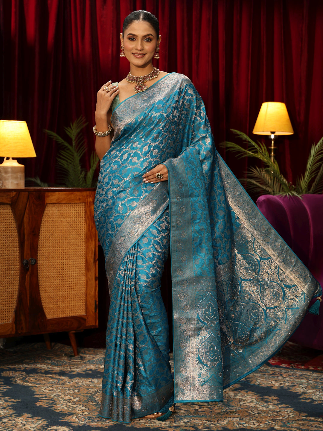  Libas Turquoise Blue Banarasi Silk Blend Saree 