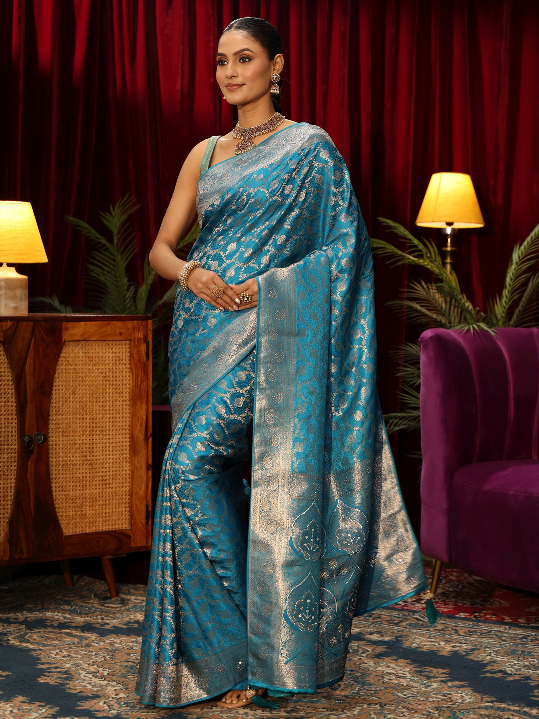  Libas Turquoise Blue Banarasi Silk Blend Saree 