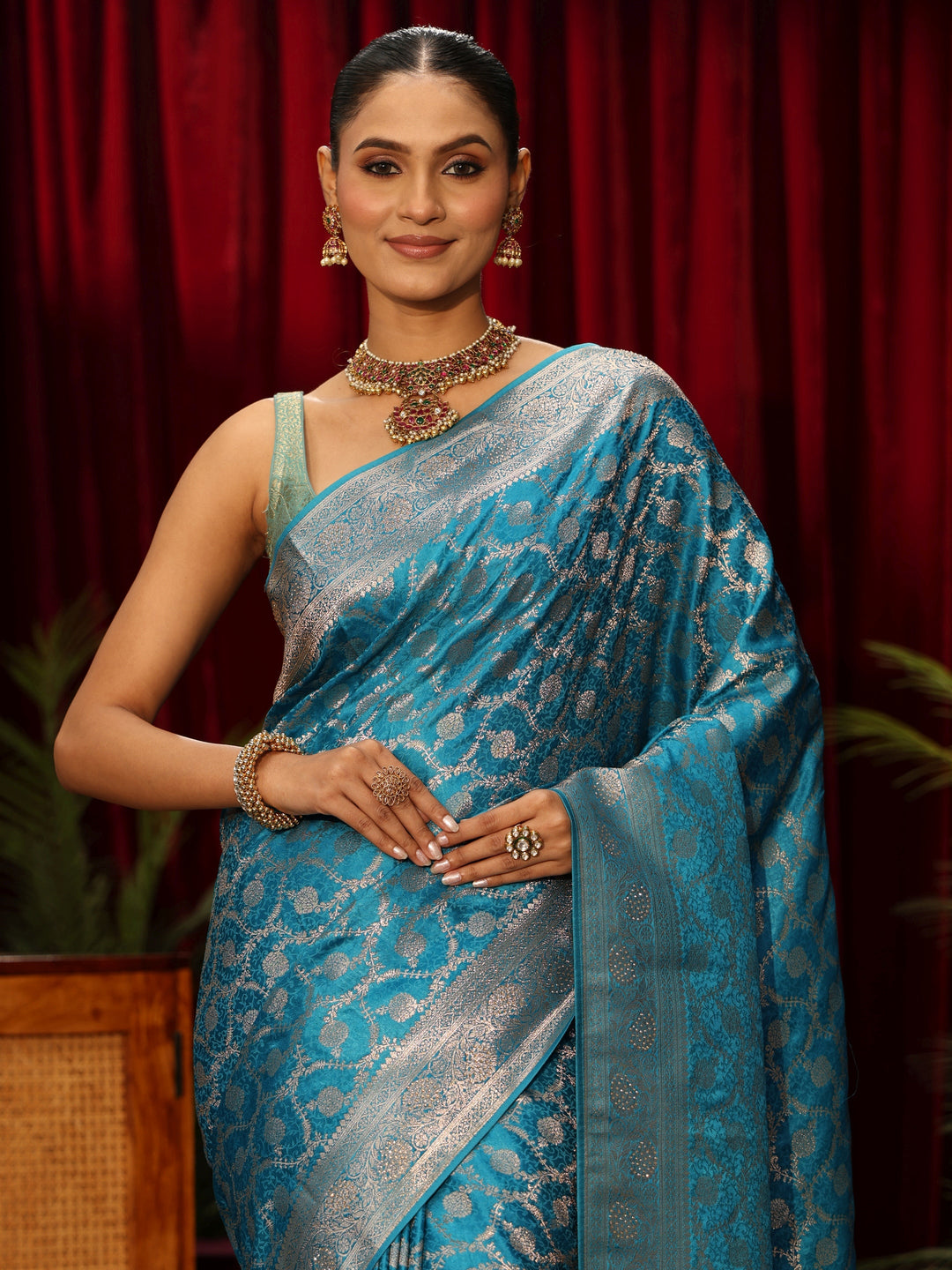  Libas Turquoise Blue Banarasi Silk Blend Saree 