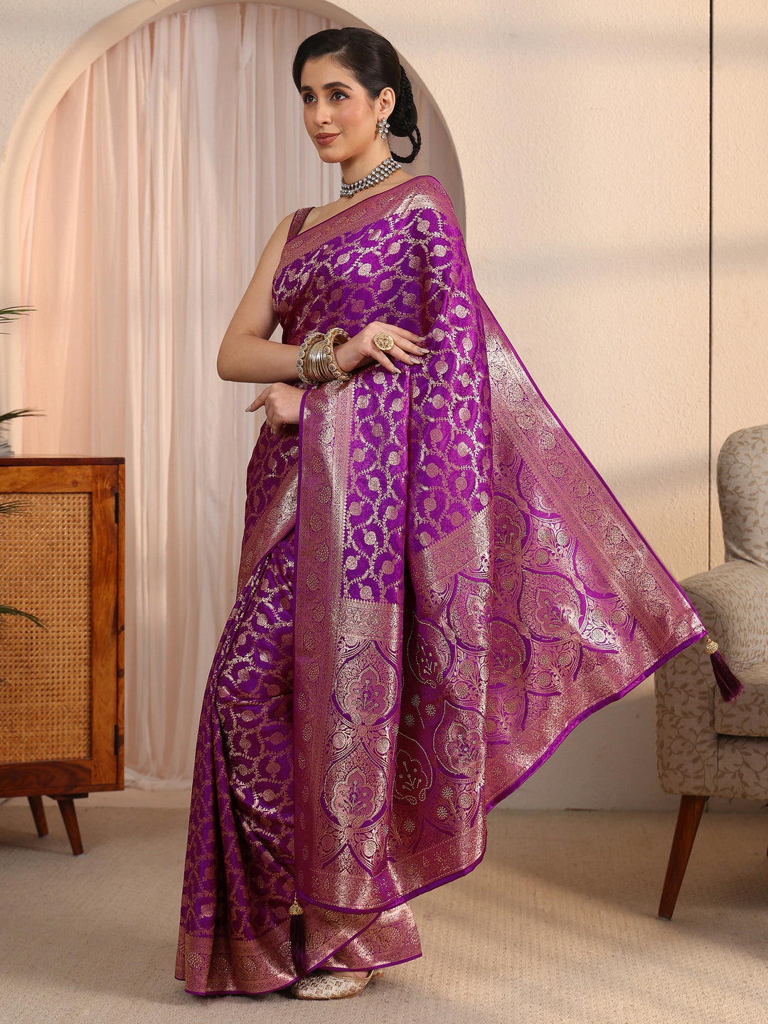  Libas Purple Floral Woven Design Silk Blend Saree 