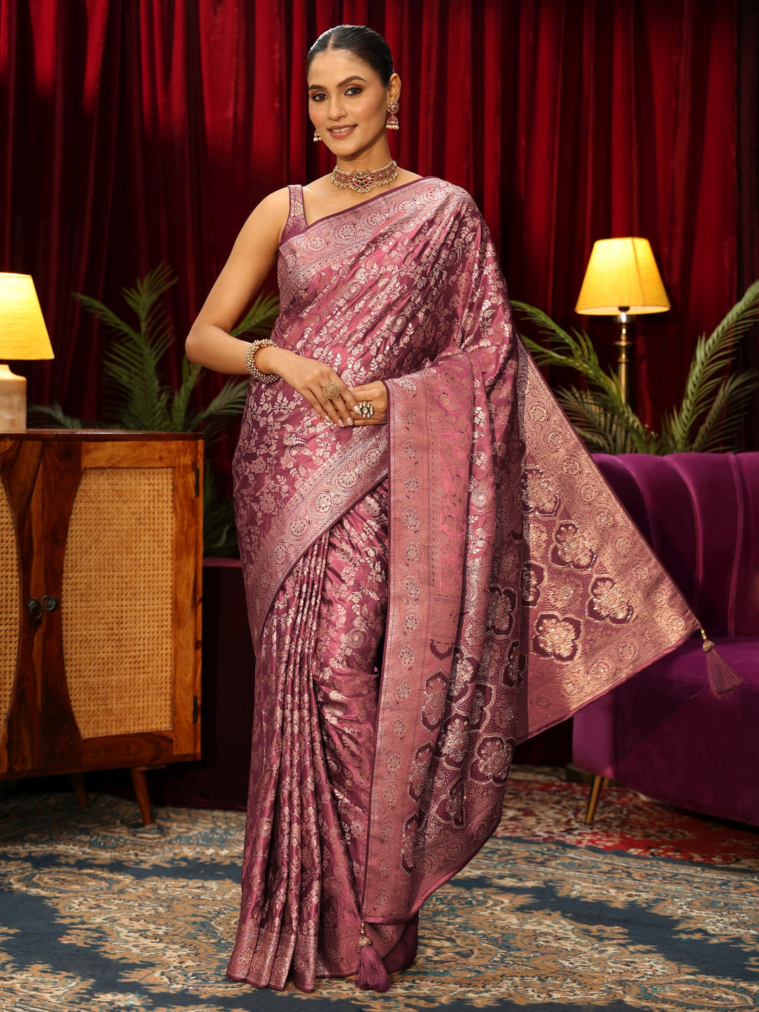  Libas Mauve Floral Woven Design Silk Blend Saree 