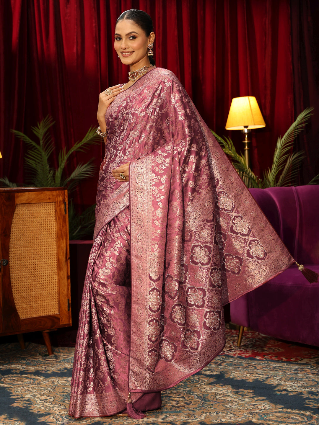  Libas Mauve Floral Woven Design Silk Blend Saree 