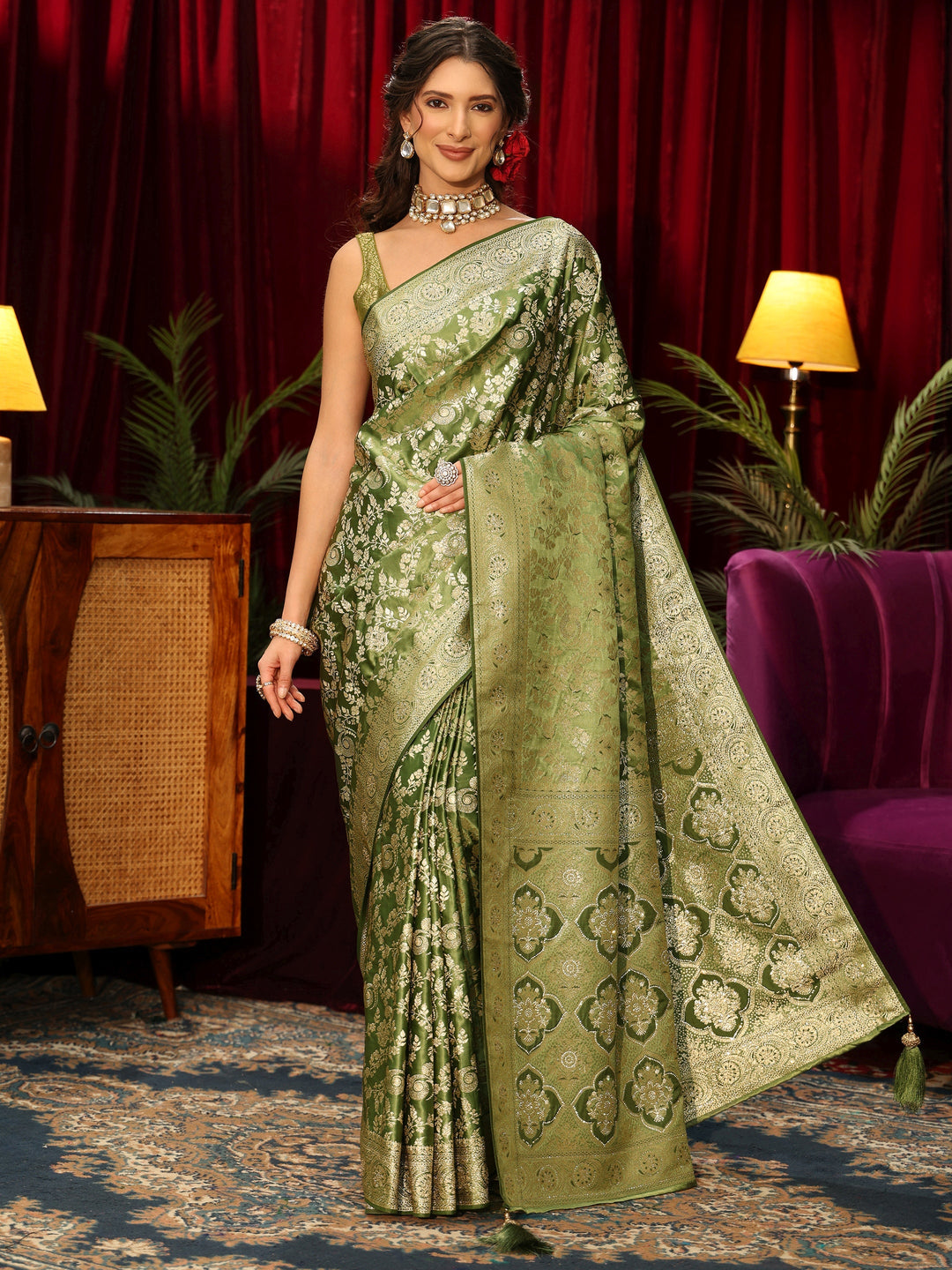  Libas Olive Green Floral Woven Design Silk Blend Saree 