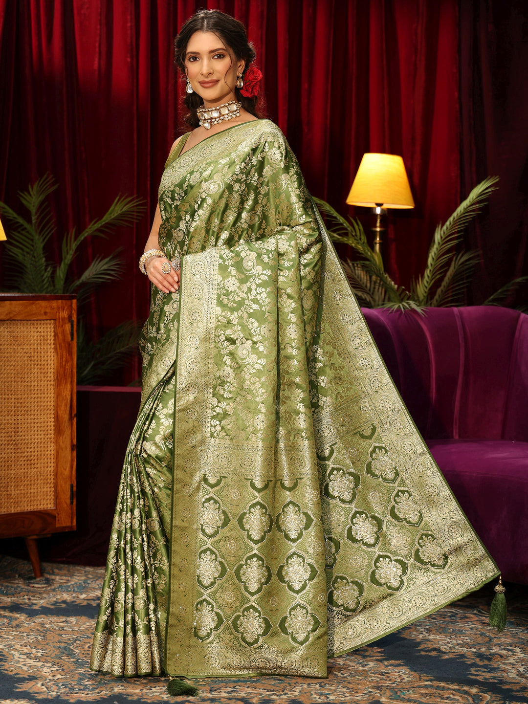  Libas Olive Green Floral Woven Design Silk Blend Saree 
