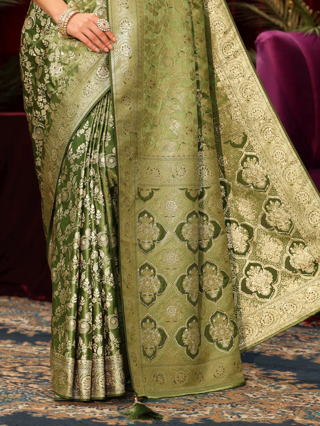  Libas Olive Green Floral Woven Design Silk Blend Saree 