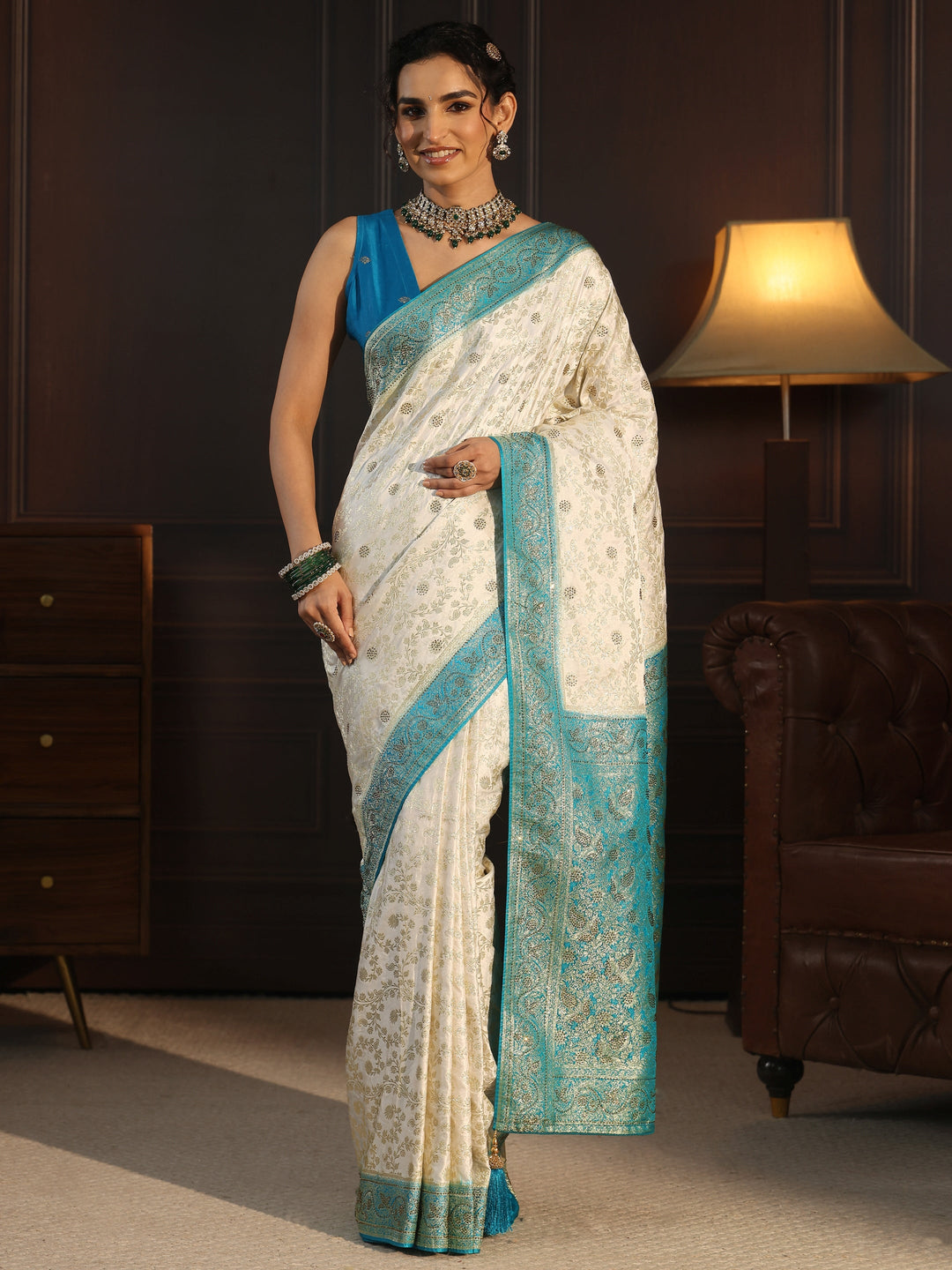  Libas Cream and Blue Floral Woven Design Silk Blend Saree 