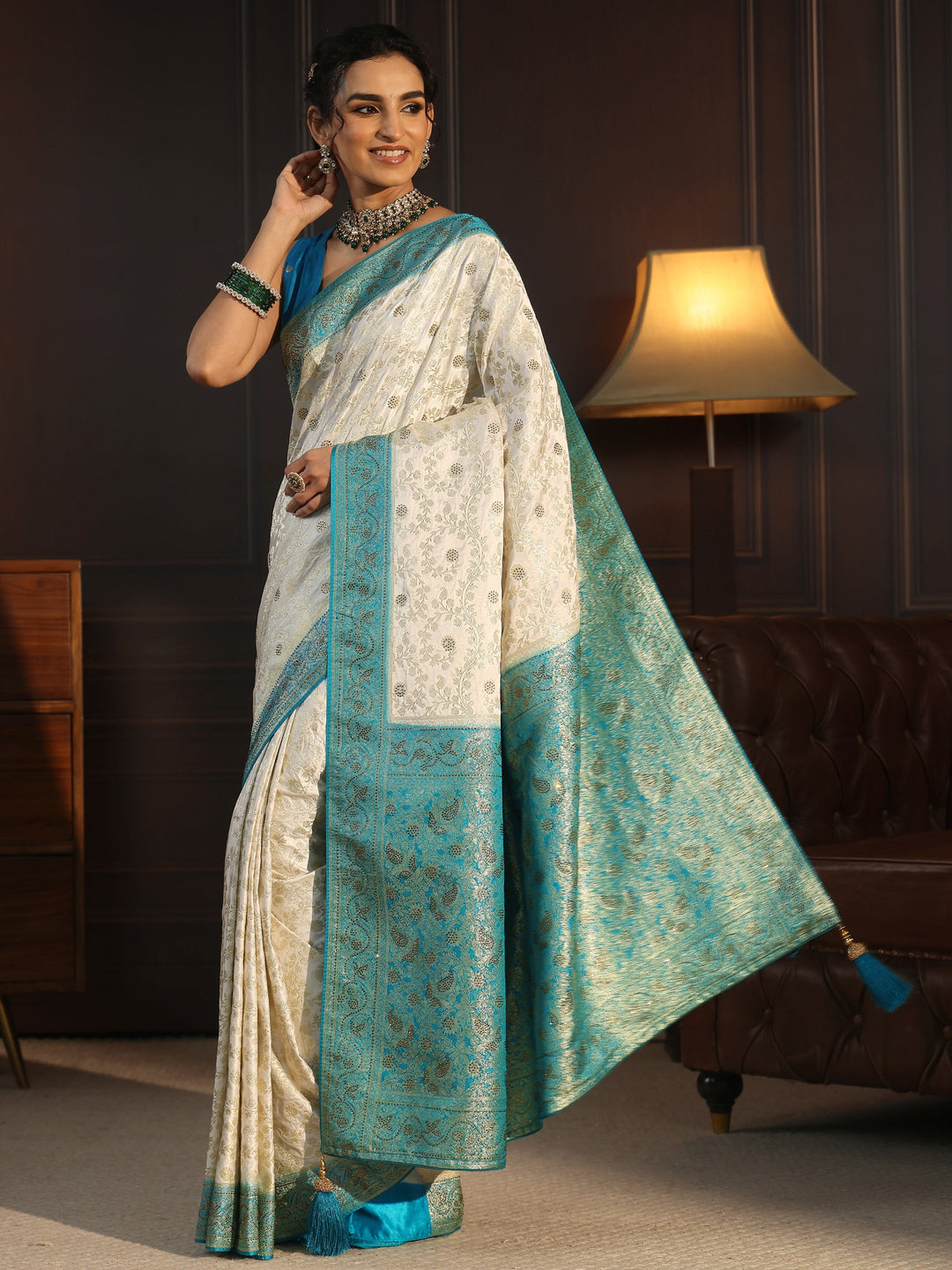  Libas Cream and Blue Floral Woven Design Silk Blend Saree 