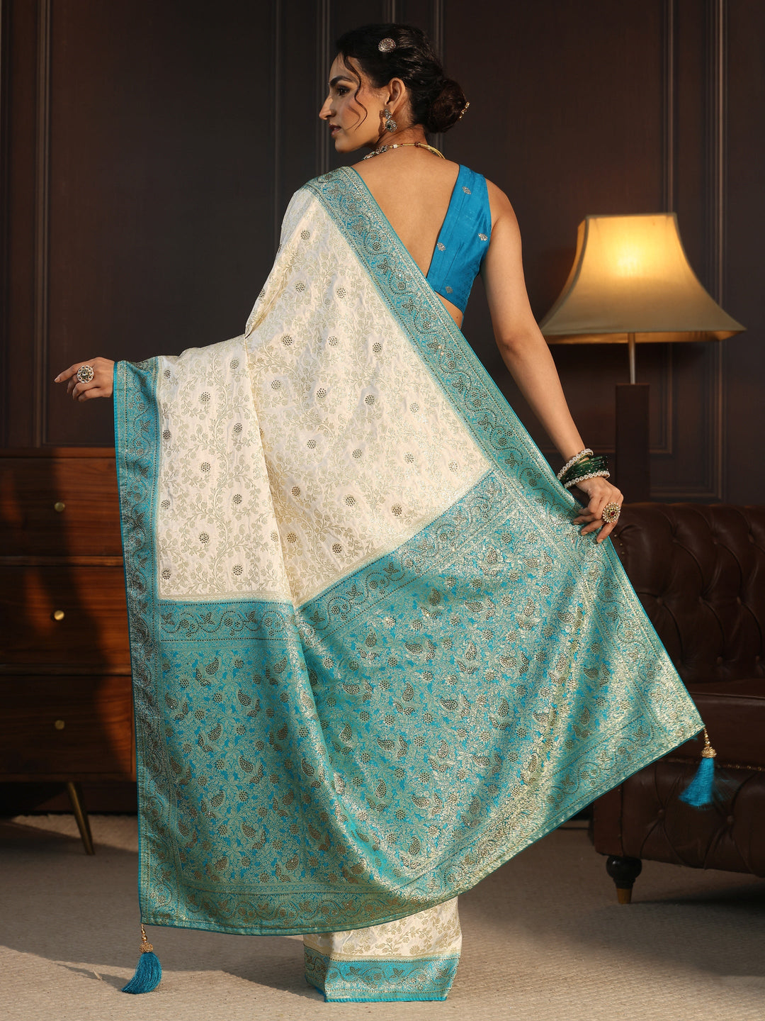  Libas Cream and Blue Floral Woven Design Silk Blend Saree 
