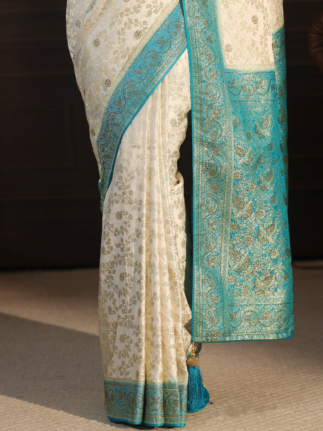  Libas Cream and Blue Floral Woven Design Silk Blend Saree 