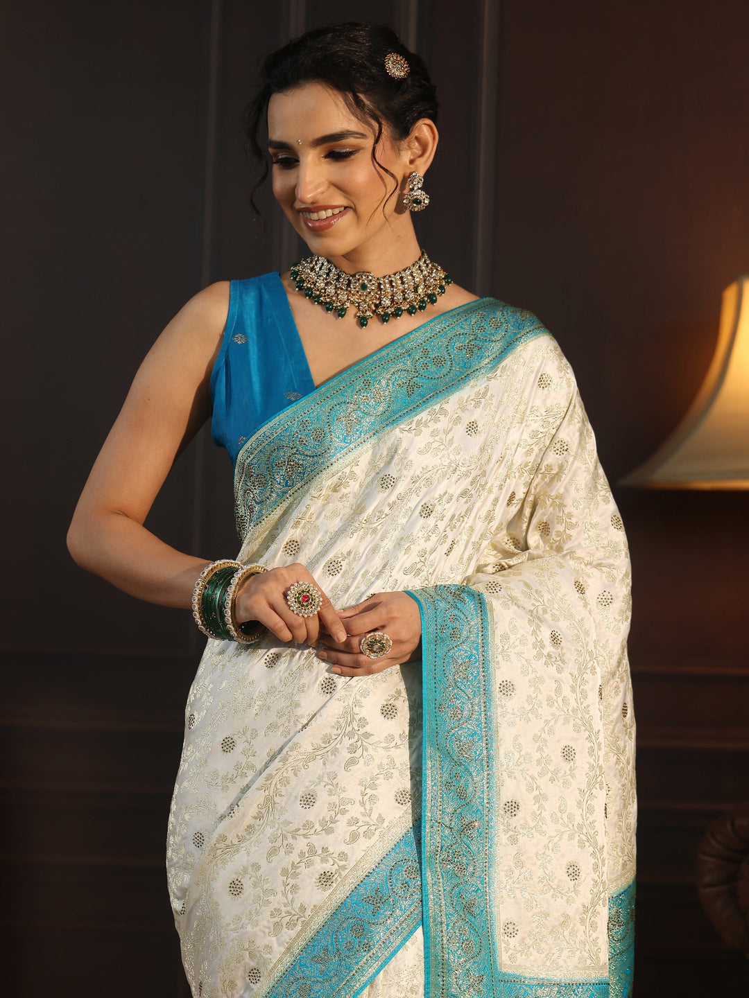  Libas Cream and Blue Floral Woven Design Silk Blend Saree 