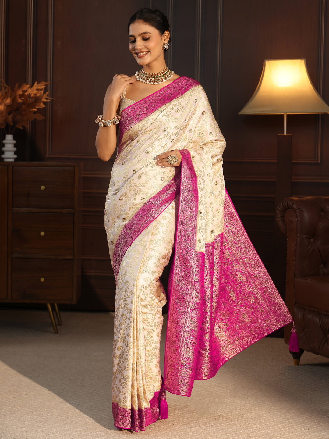  Libas Cream and Pink Floral Woven Design Silk Blend Saree 