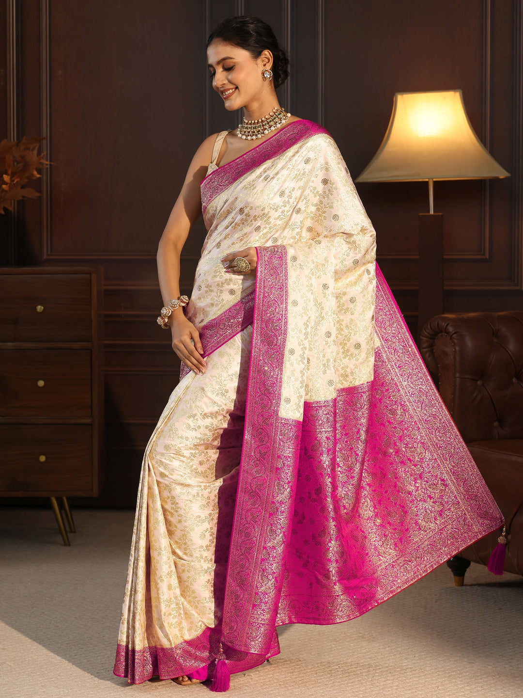  Libas Cream and Pink Floral Woven Design Silk Blend Saree 