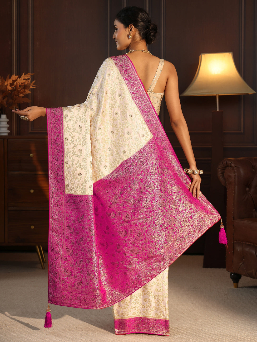  Libas Cream and Pink Floral Woven Design Silk Blend Saree 
