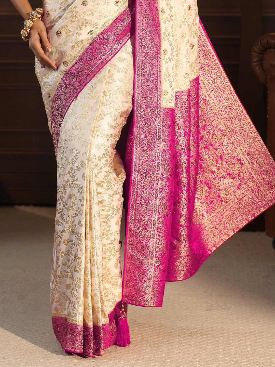  Libas Cream and Pink Floral Woven Design Silk Blend Saree 