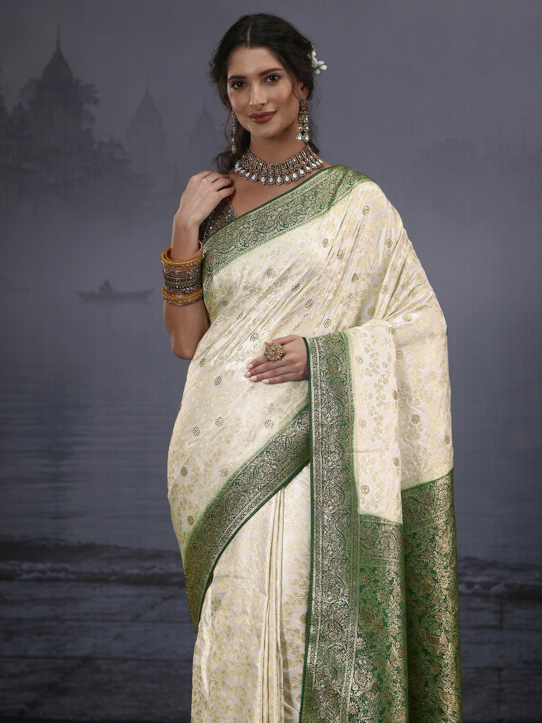  Libas Cream and Green Floral Woven Design Silk Blend Saree 
