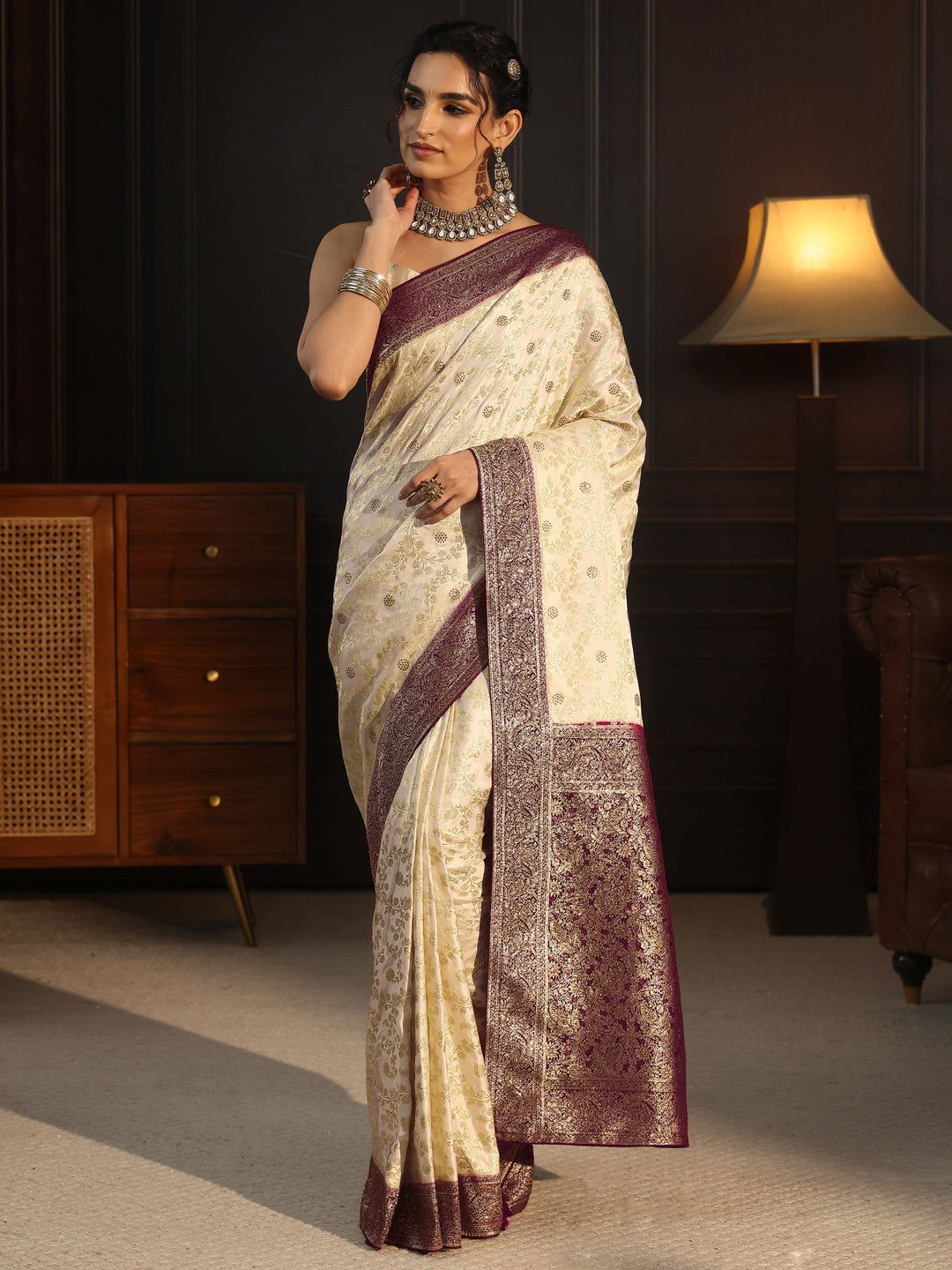  Libas Cream and Maroon Floral Woven Design Silk Blend Saree 