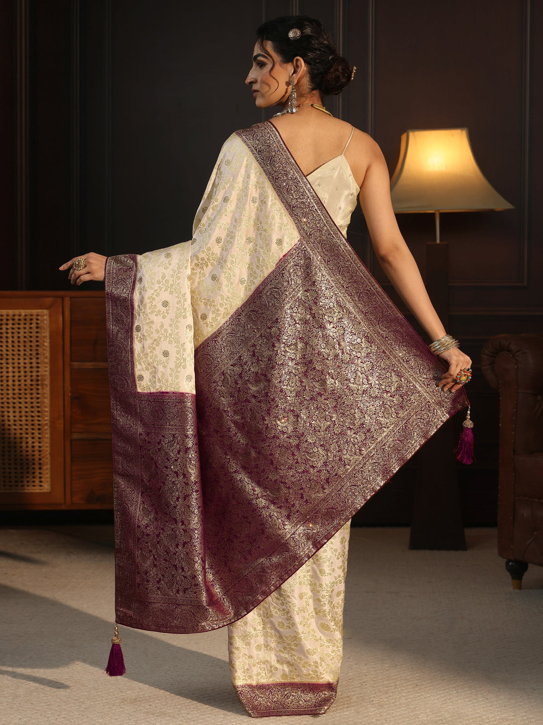  Libas Cream and Maroon Floral Woven Design Silk Blend Saree 