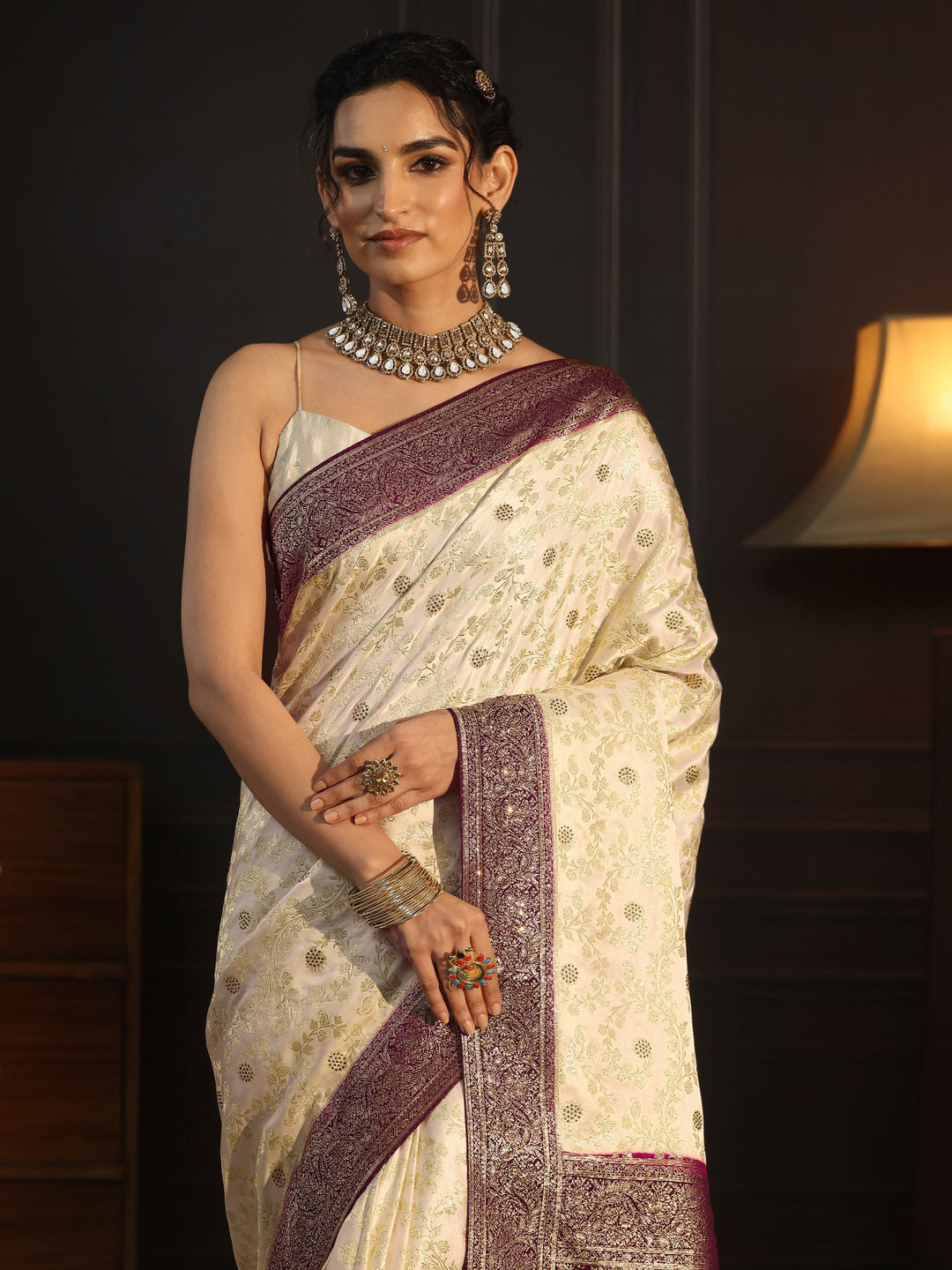  Libas Cream and Maroon Floral Woven Design Silk Blend Saree 