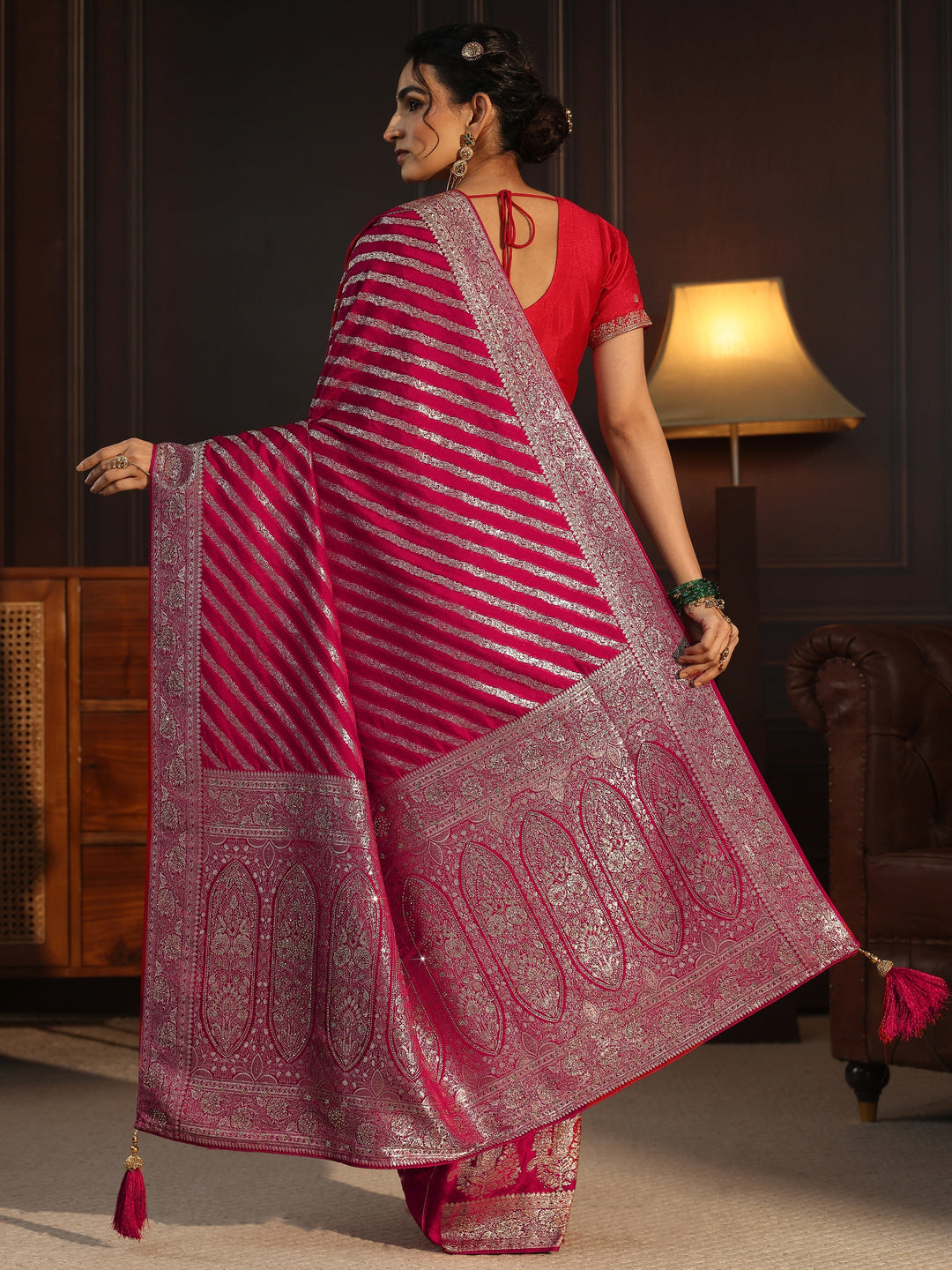  Libas Rani Pink Striped Silk Blend Saree with Embellished Pallu 