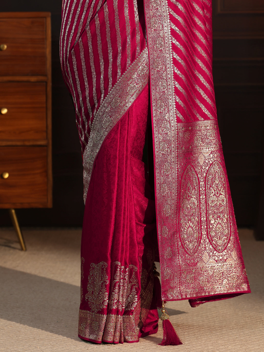  Libas Rani Pink Striped Silk Blend Saree with Embellished Pallu 