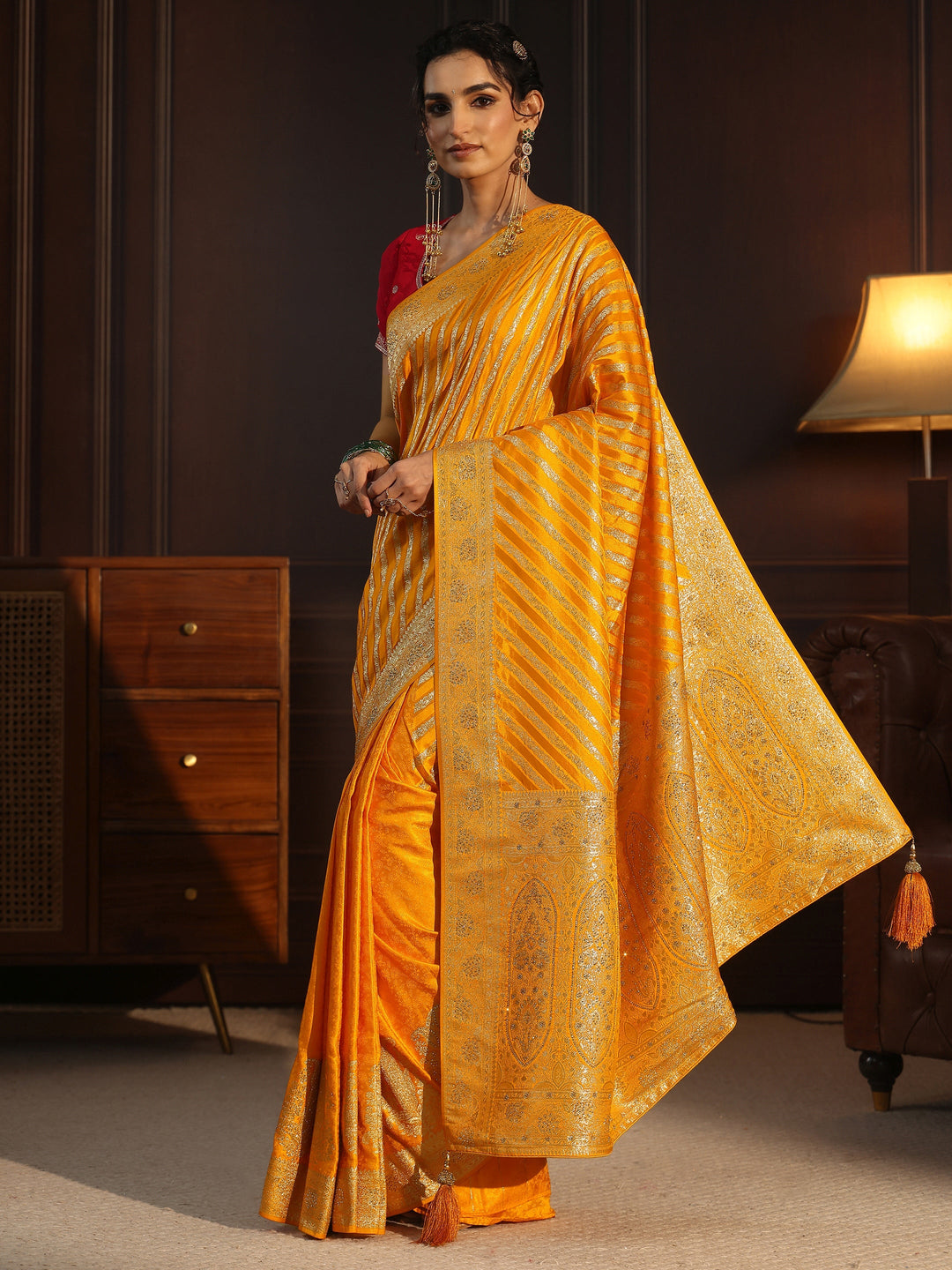  Libas Mustard Striped Silk Blend Saree with Embellished Pallu 