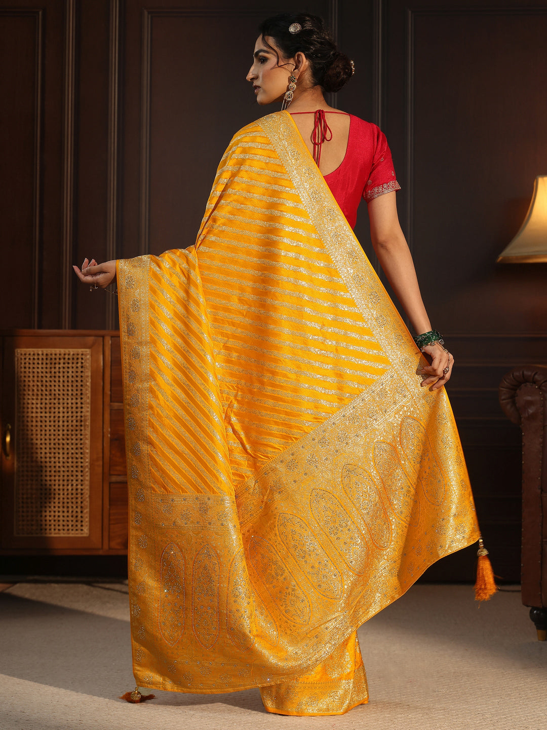  Libas Mustard Striped Silk Blend Saree with Embellished Pallu 