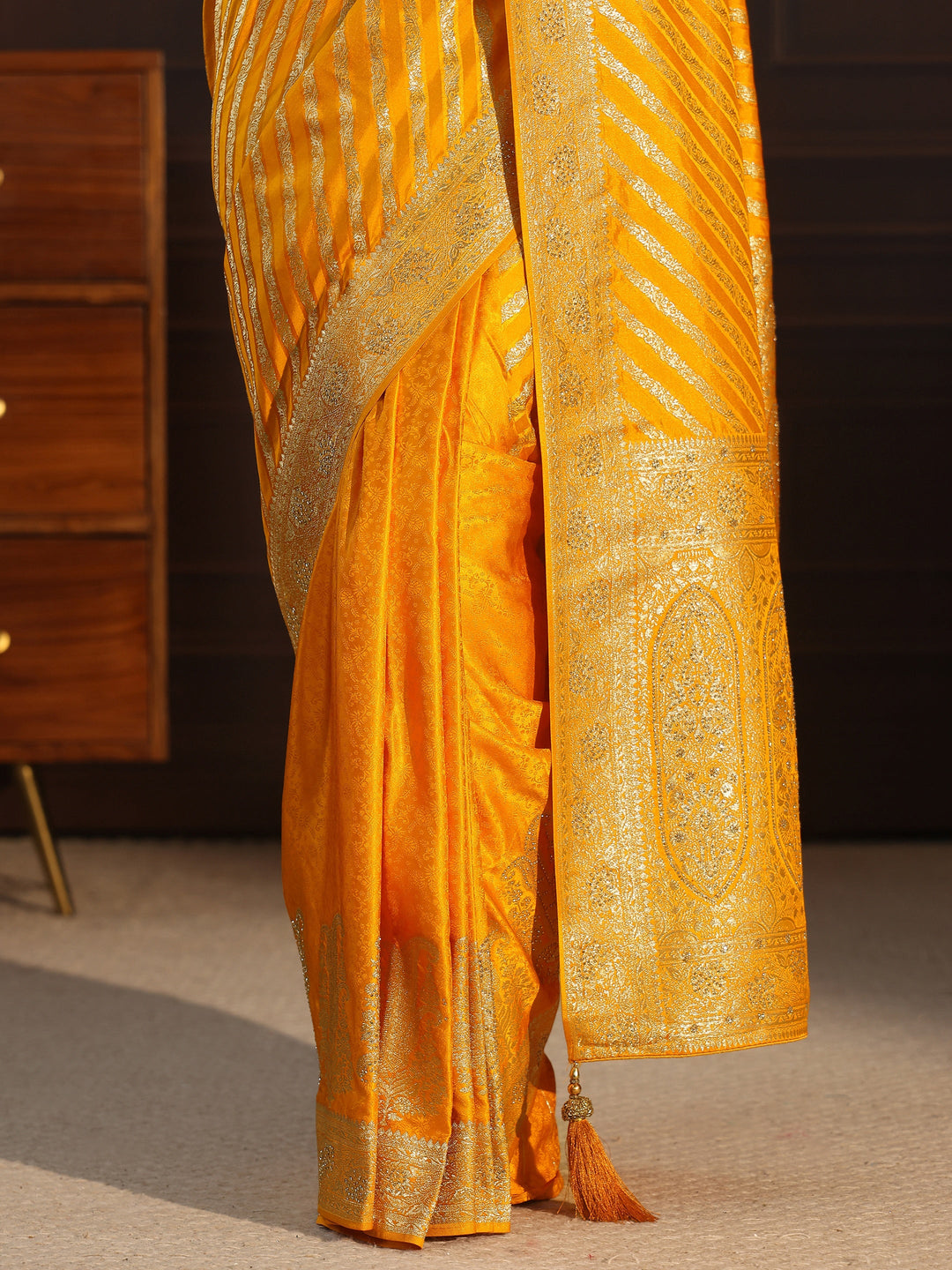  Libas Mustard Striped Silk Blend Saree with Embellished Pallu 