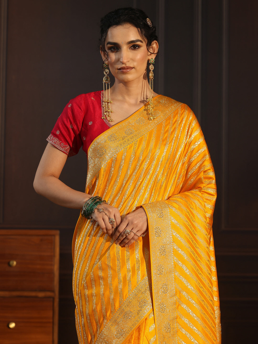  Libas Mustard Striped Silk Blend Saree with Embellished Pallu 