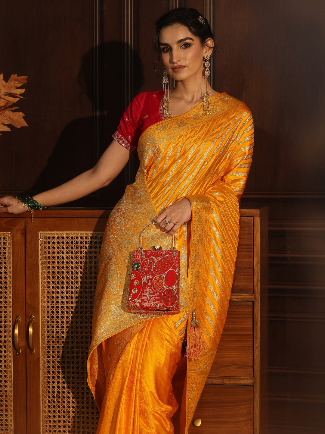  Libas Mustard Striped Silk Blend Saree with Embellished Pallu 