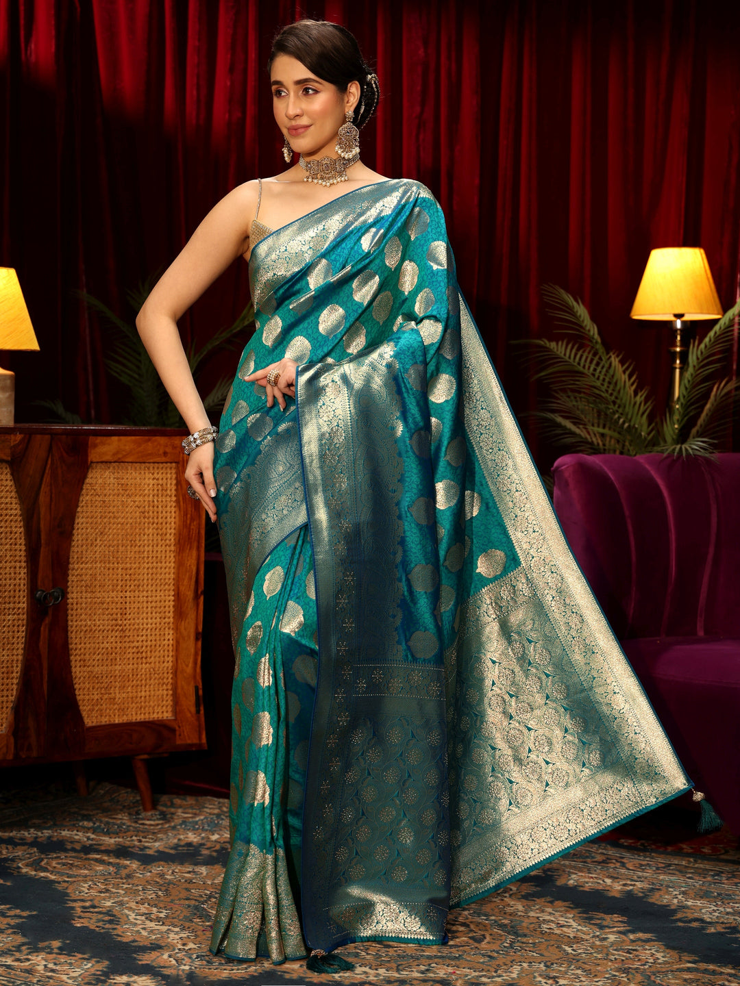  Libas Persian Blue Woven Design Silk Blend Saree 