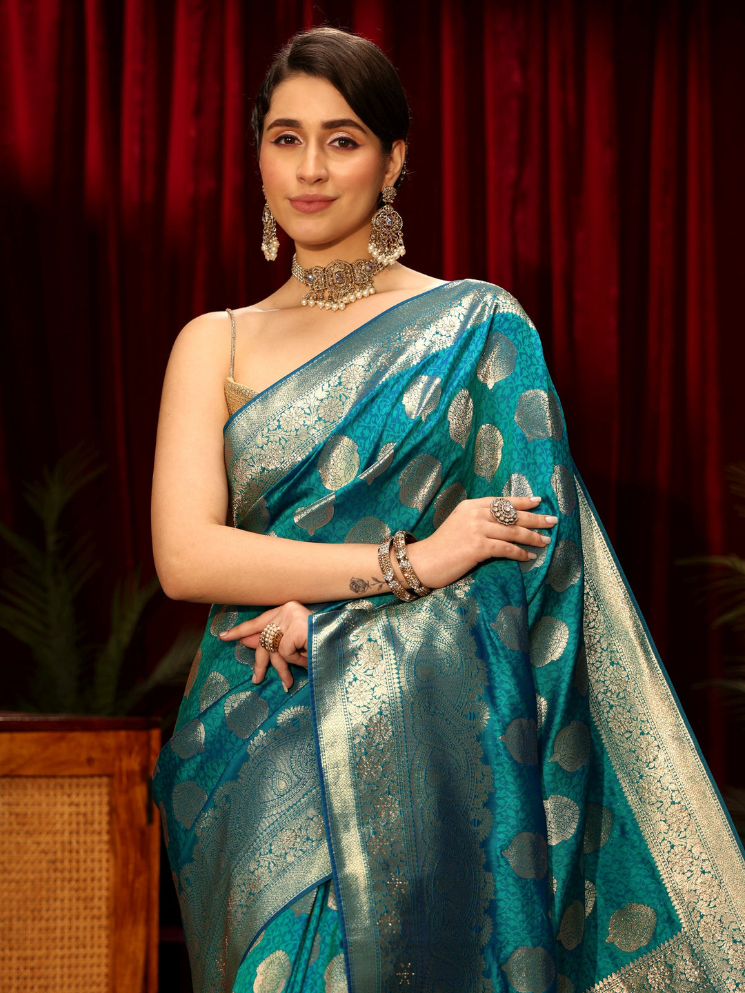  Libas Persian Blue Woven Design Silk Blend Saree 