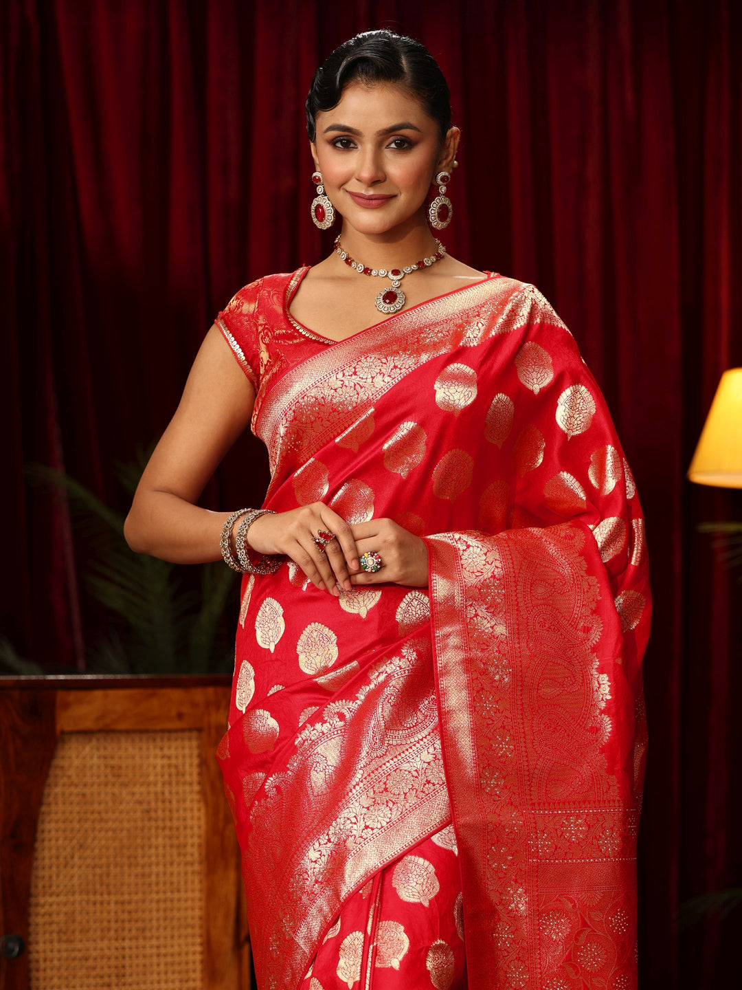  Libas Vermillion Red Woven Design Silk Blend Saree 