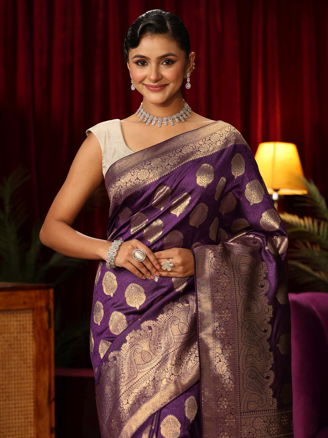  Libas Royal Purple Woven Design Silk Blend Saree 