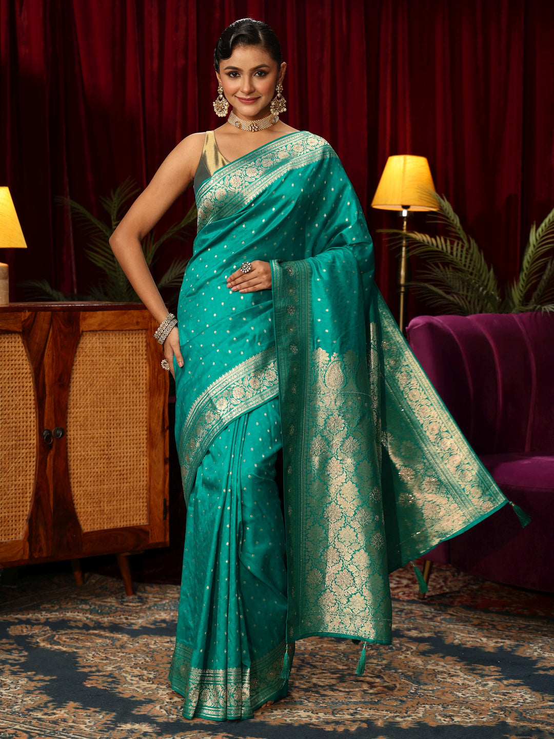  Libas Sea Green Banarasi Silk Blend Saree 
