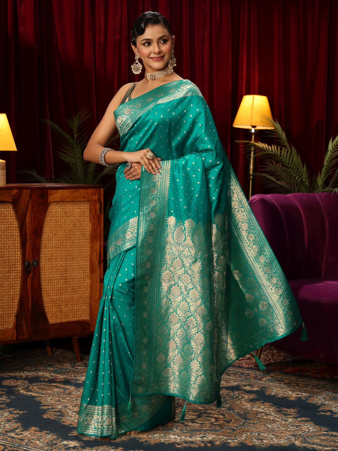  Libas Sea Green Banarasi Silk Blend Saree 