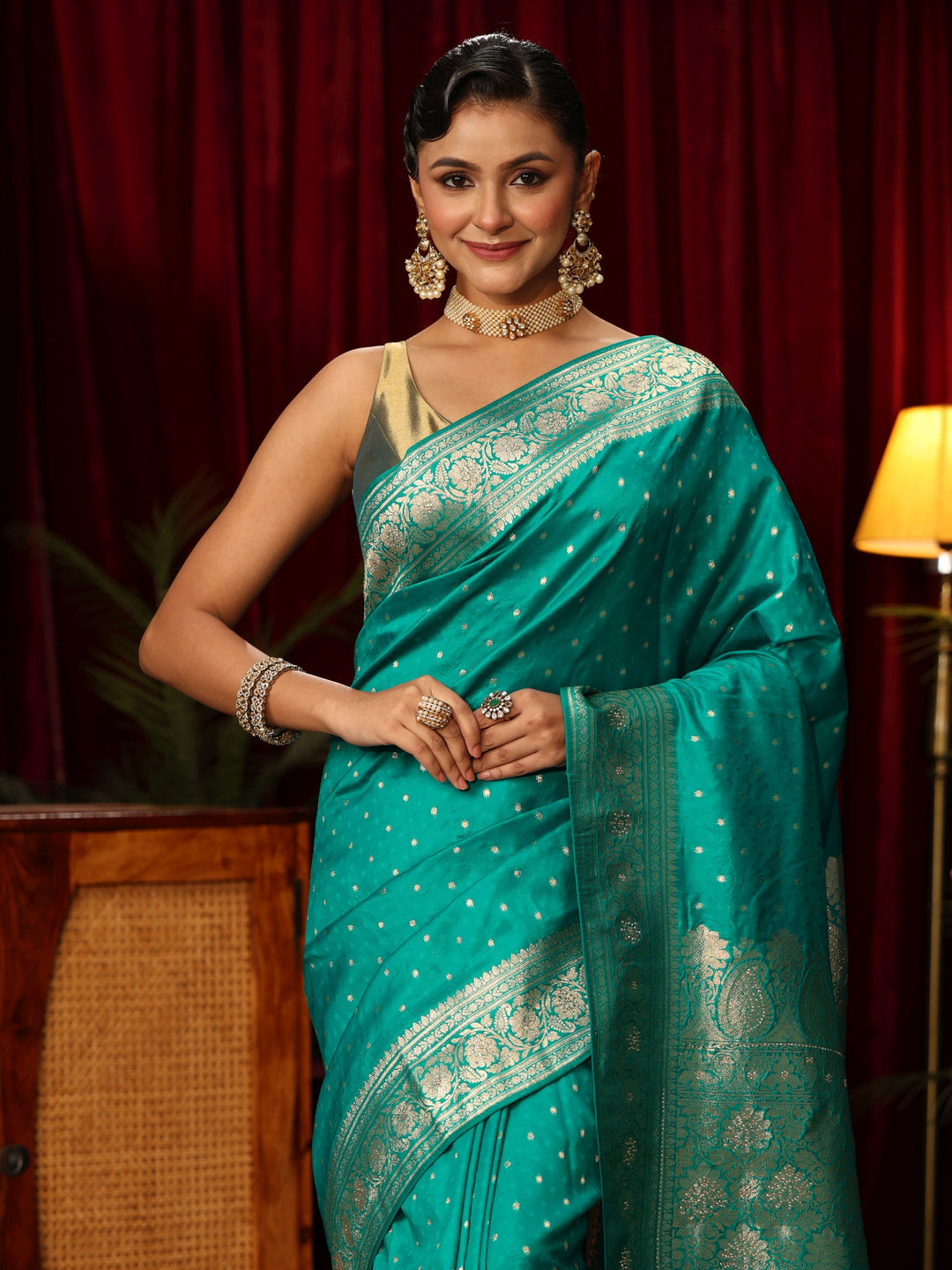  Libas Sea Green Banarasi Silk Blend Saree 
