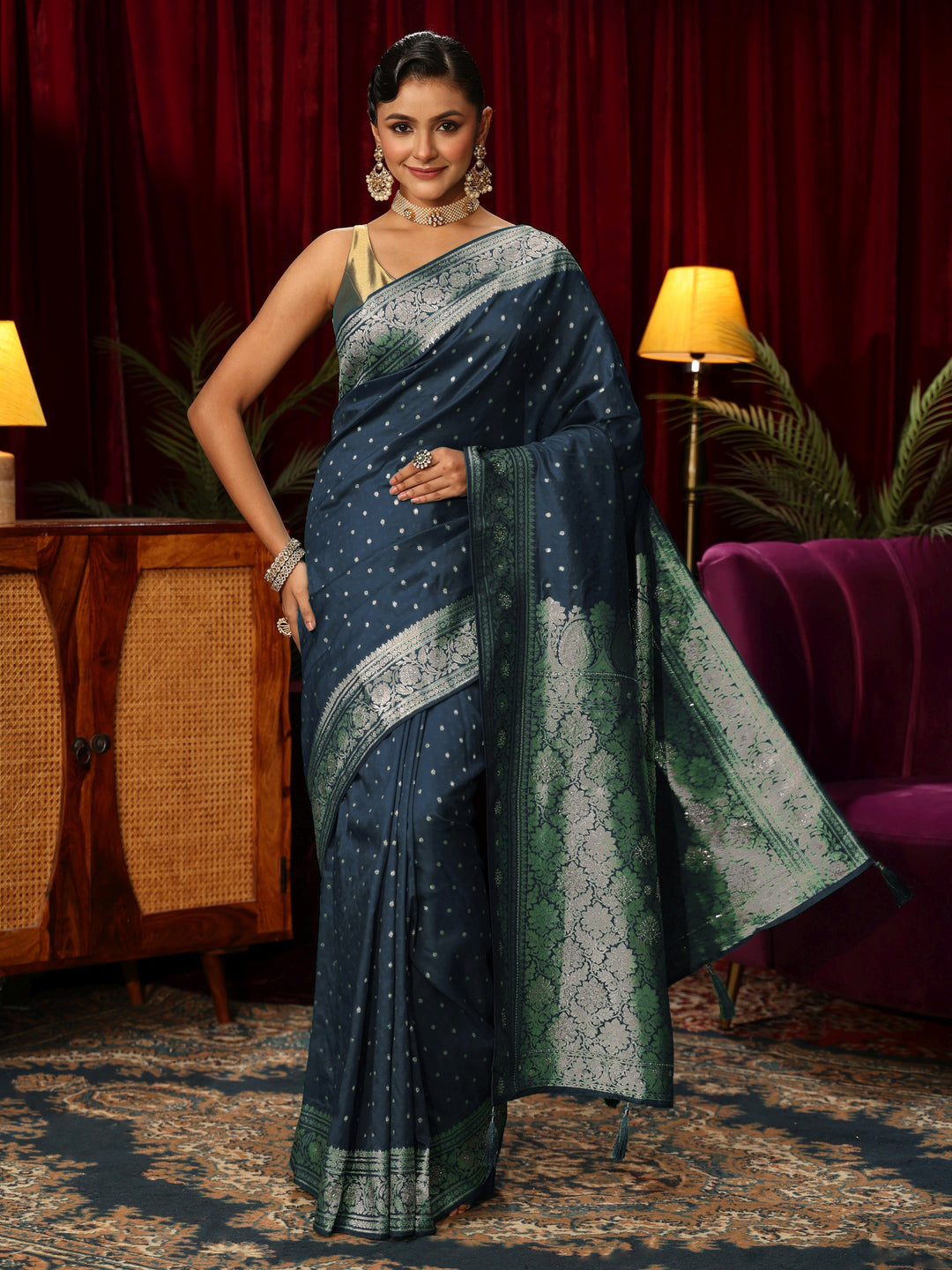  Libas Teal Blue Banarasi Silk Blend Saree 