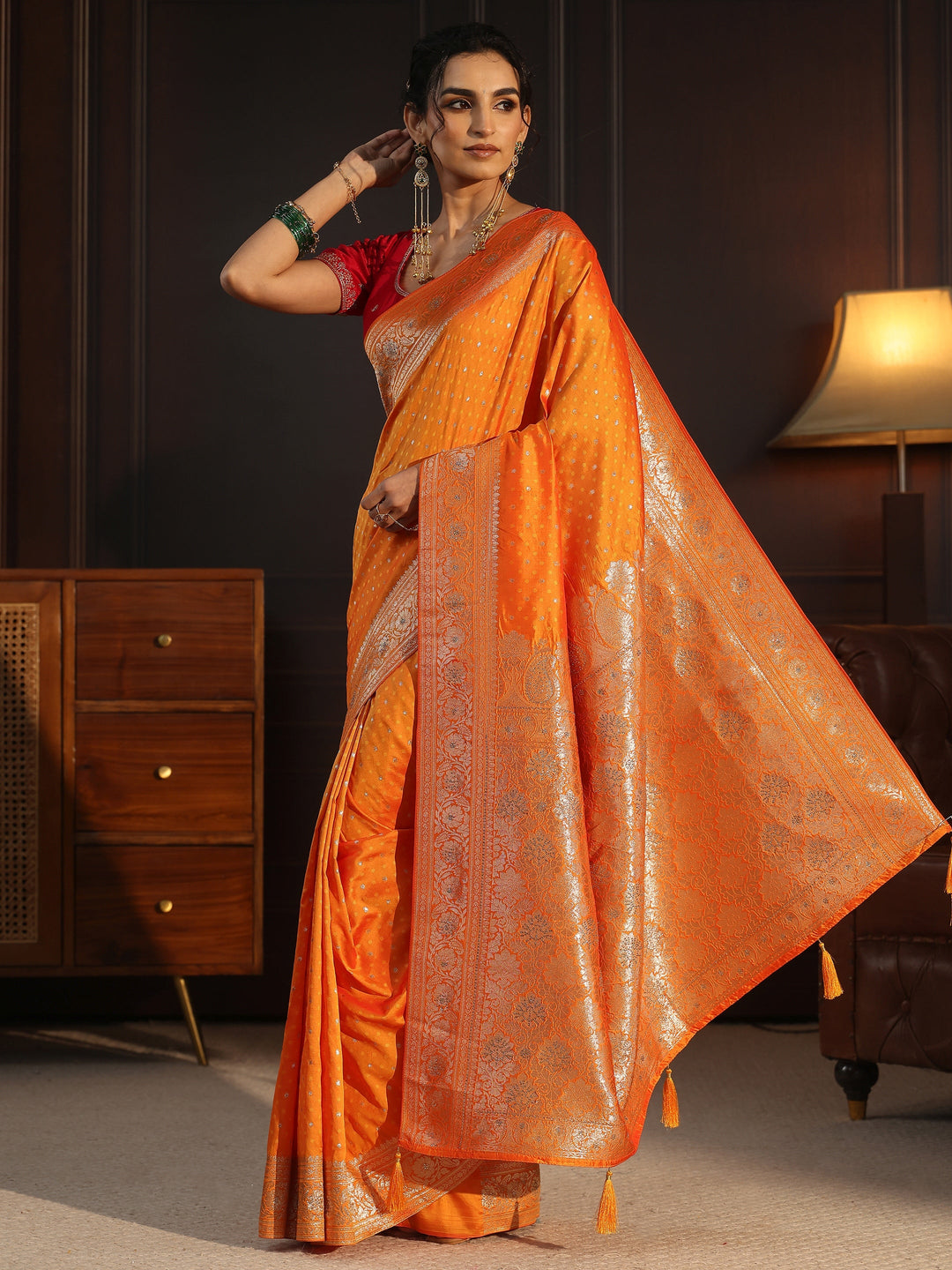 Libas Orange Woven Design Silk Blend Tassel Saree 
