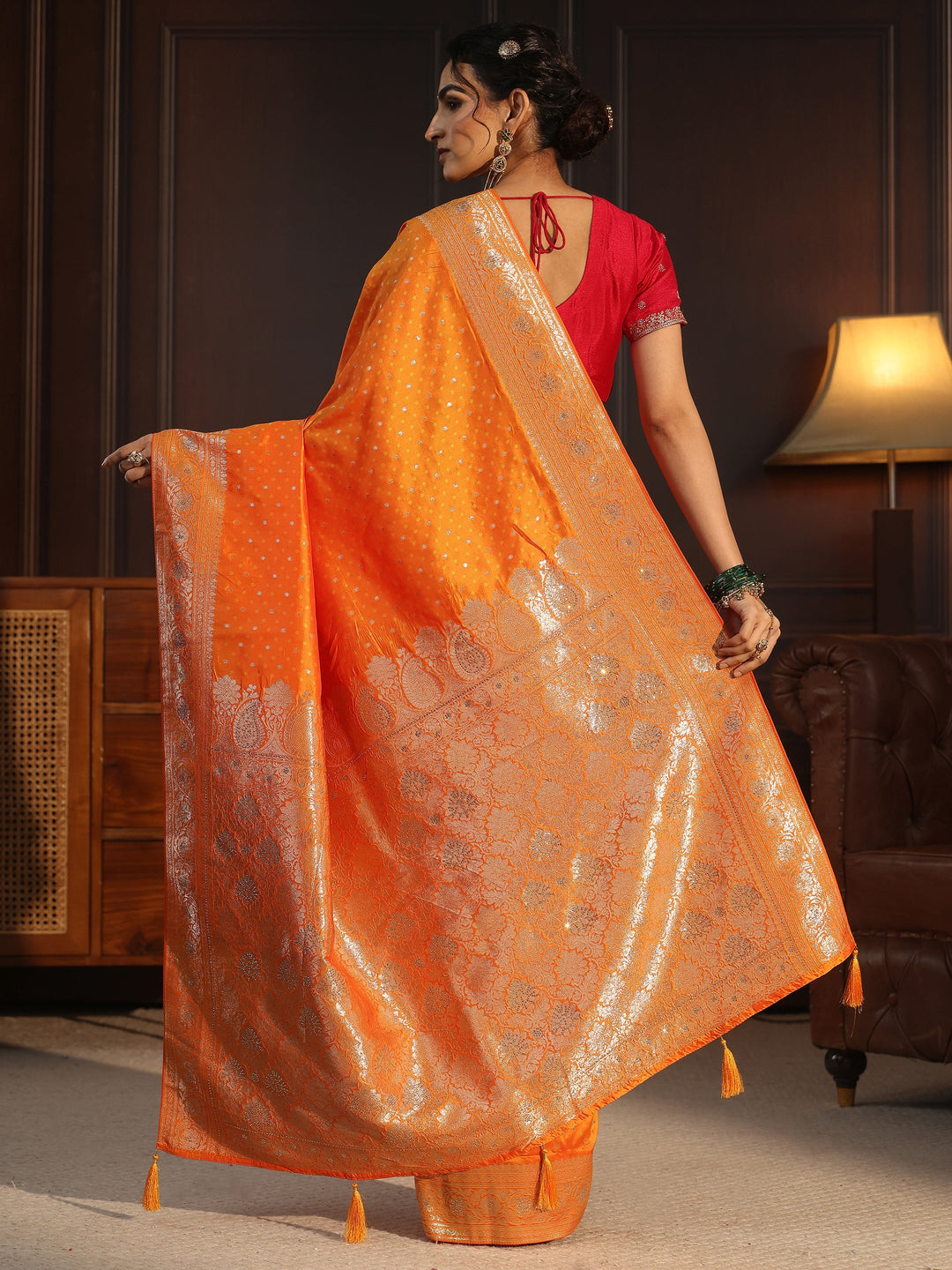  Libas Orange Woven Design Silk Blend Tassel Saree 