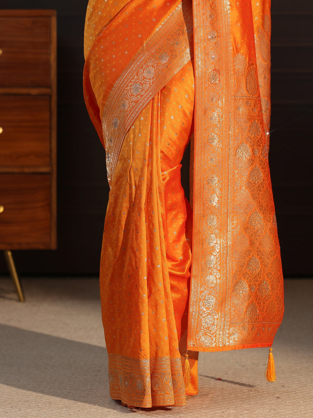  Libas Orange Woven Design Silk Blend Tassel Saree 