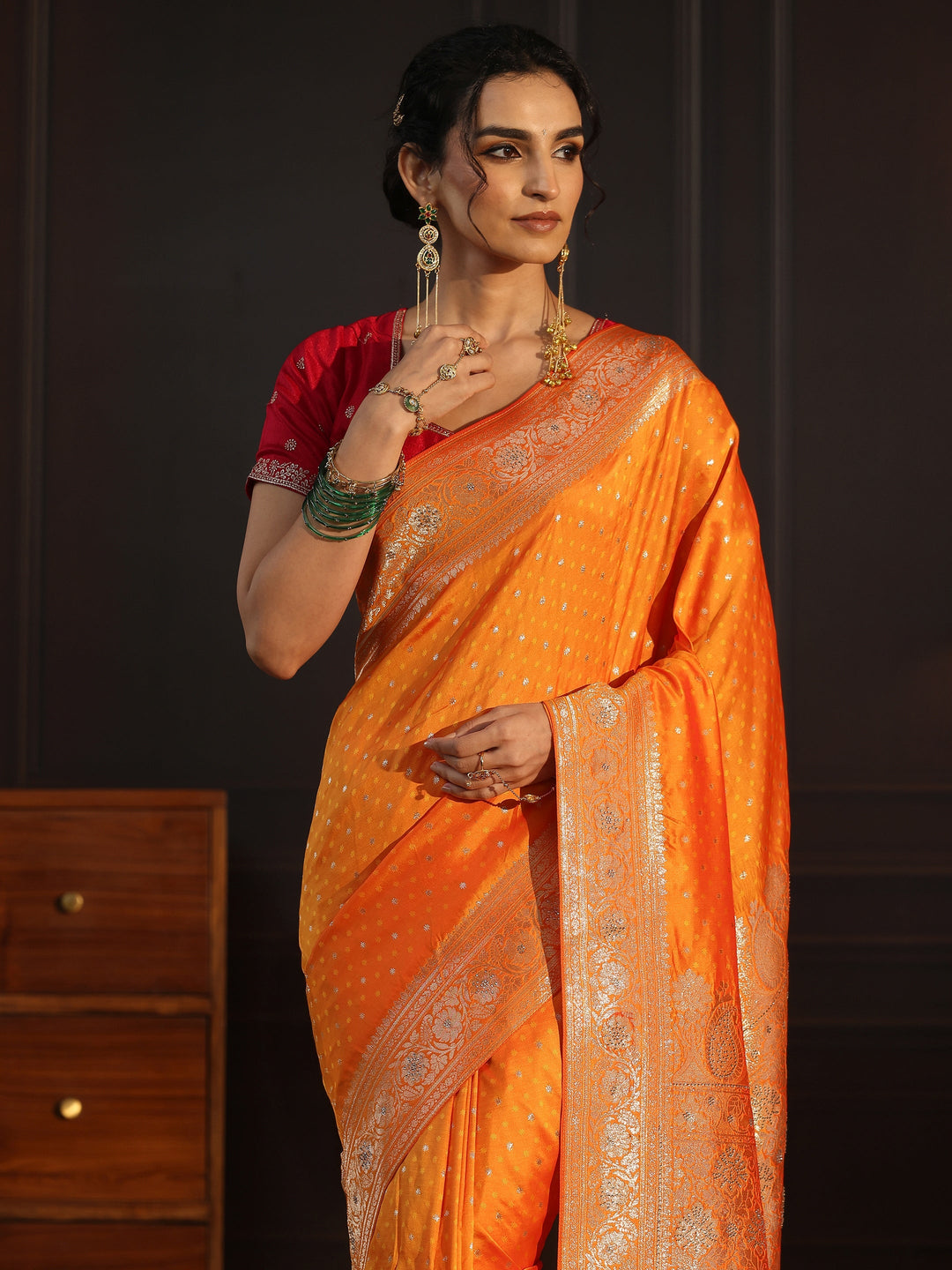  Libas Orange Woven Design Silk Blend Tassel Saree 