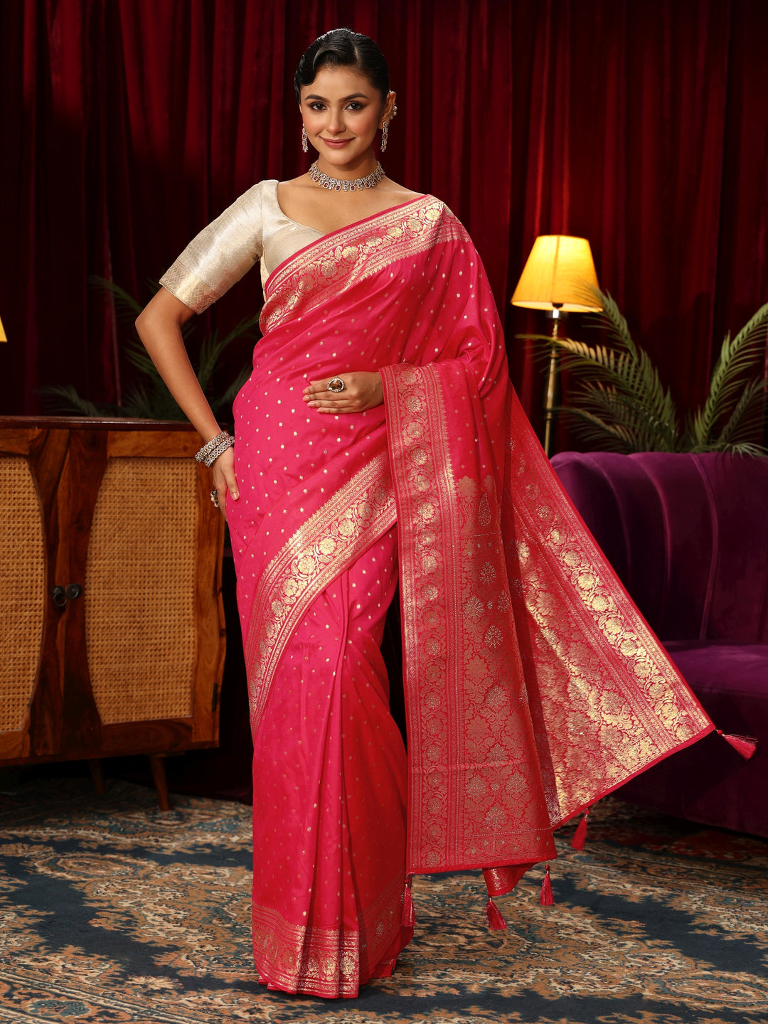  Libas Hot Pink Banarasi Silk Blend Saree 